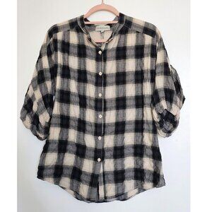 Josh Podoll 3/4 Lantern Batwing Sleeve Plisse Plaid Button Up Shirt Blouse Top S